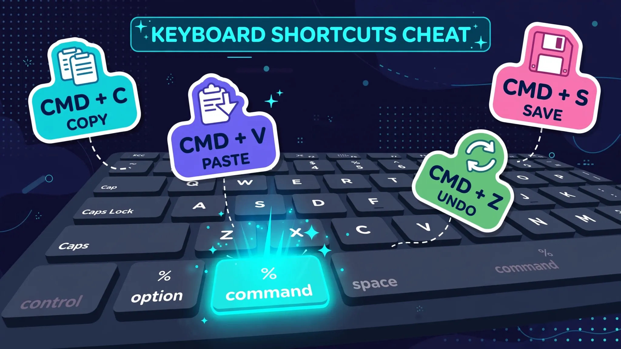 Flat vector illustration of a Mac keyboard close-up with the Command key glowing and shortcut badges floating above