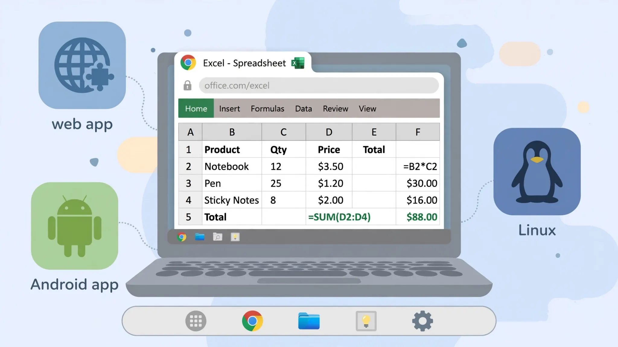 Flat vector illustration of a Chromebook laptop running Excel in the Chrome browser with option icons around it