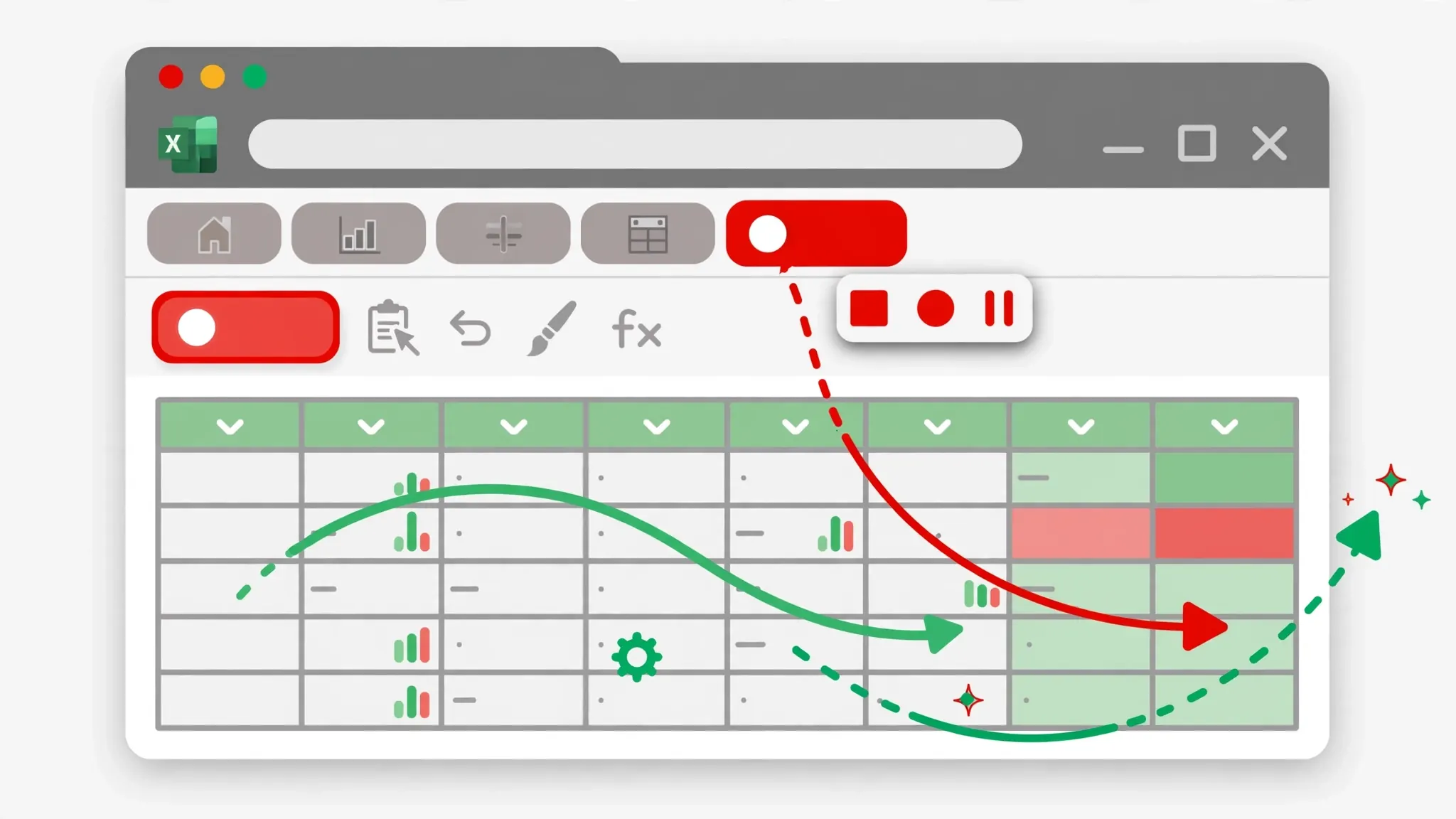 Excel window with a red Record Macro button pressed and automated formatting flowing across a data table