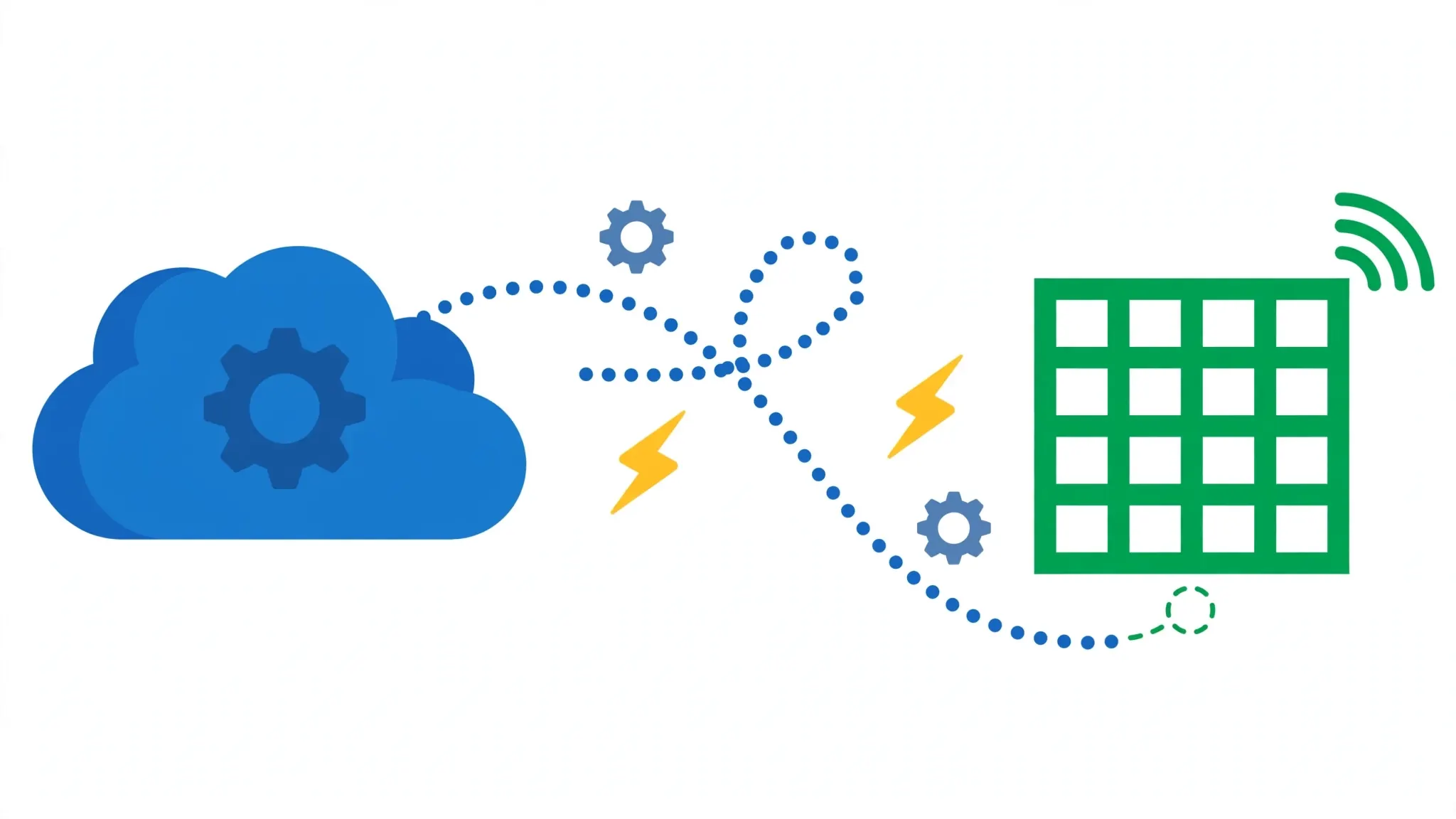 Cloud connected to a spreadsheet with flowing data lines, illustrating web and API data flowing into Excel on a schedule