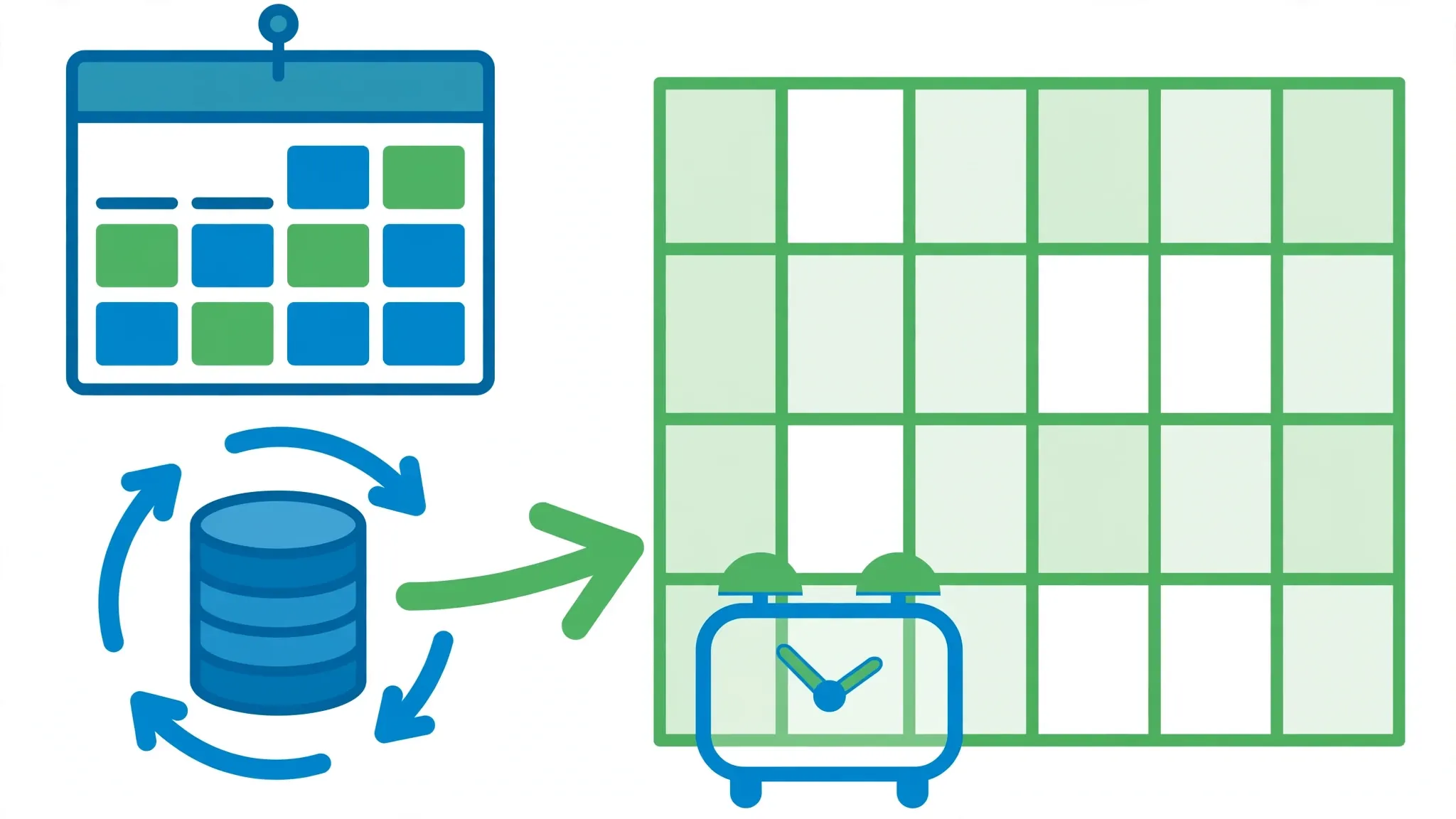 Calendar and clock with refresh arrows over a spreadsheet, showing that clean workbooks also refresh reliably