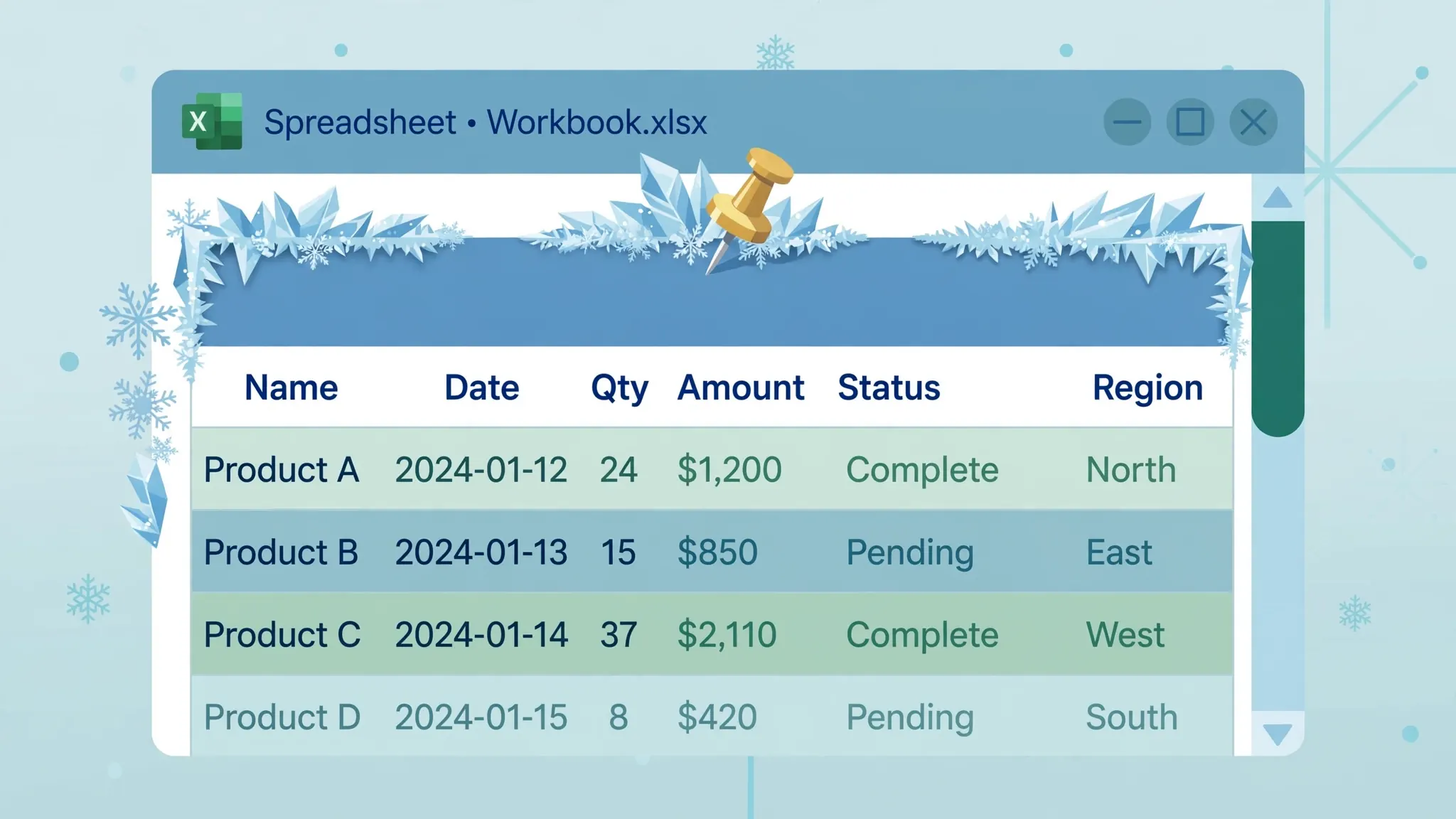 Excel spreadsheet with the top header row frozen by ice crystals while data rows scroll beneath