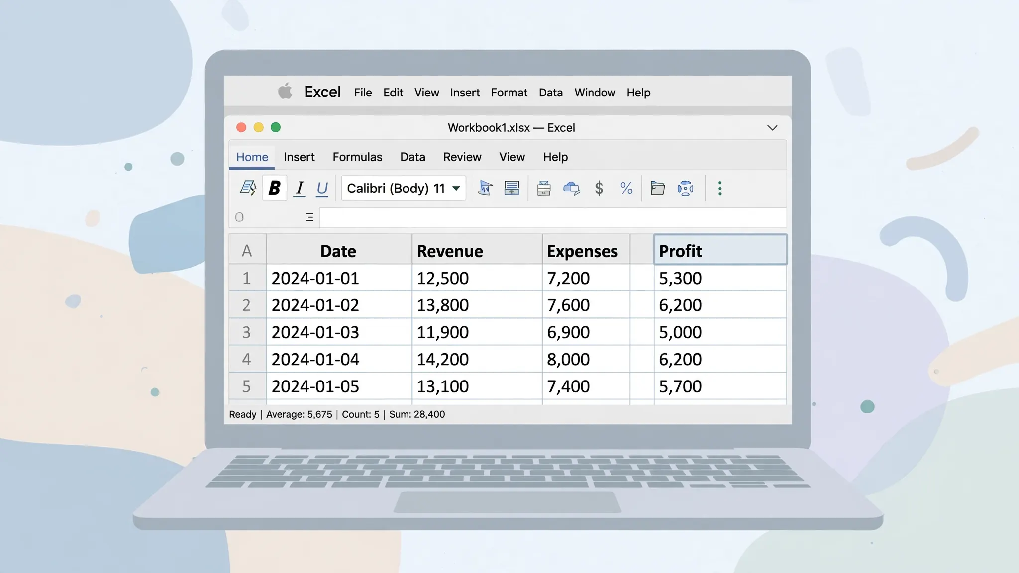 Flat vector illustration of a MacBook displaying Microsoft Excel for Mac with the ribbon toolbar and spreadsheet grid