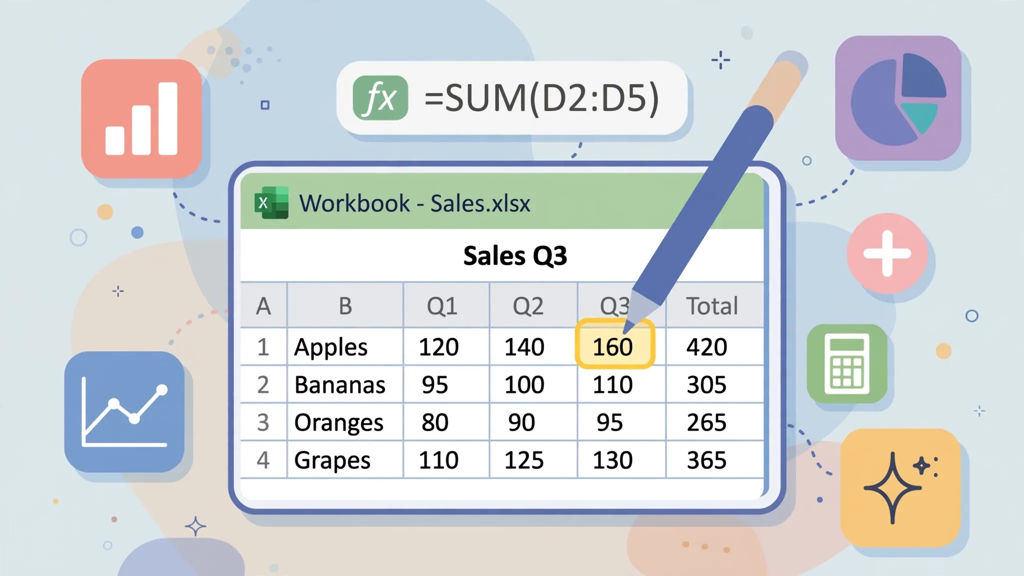 Flat vector illustration of a tablet with an Excel spreadsheet on screen and a stylus tapping a cell
