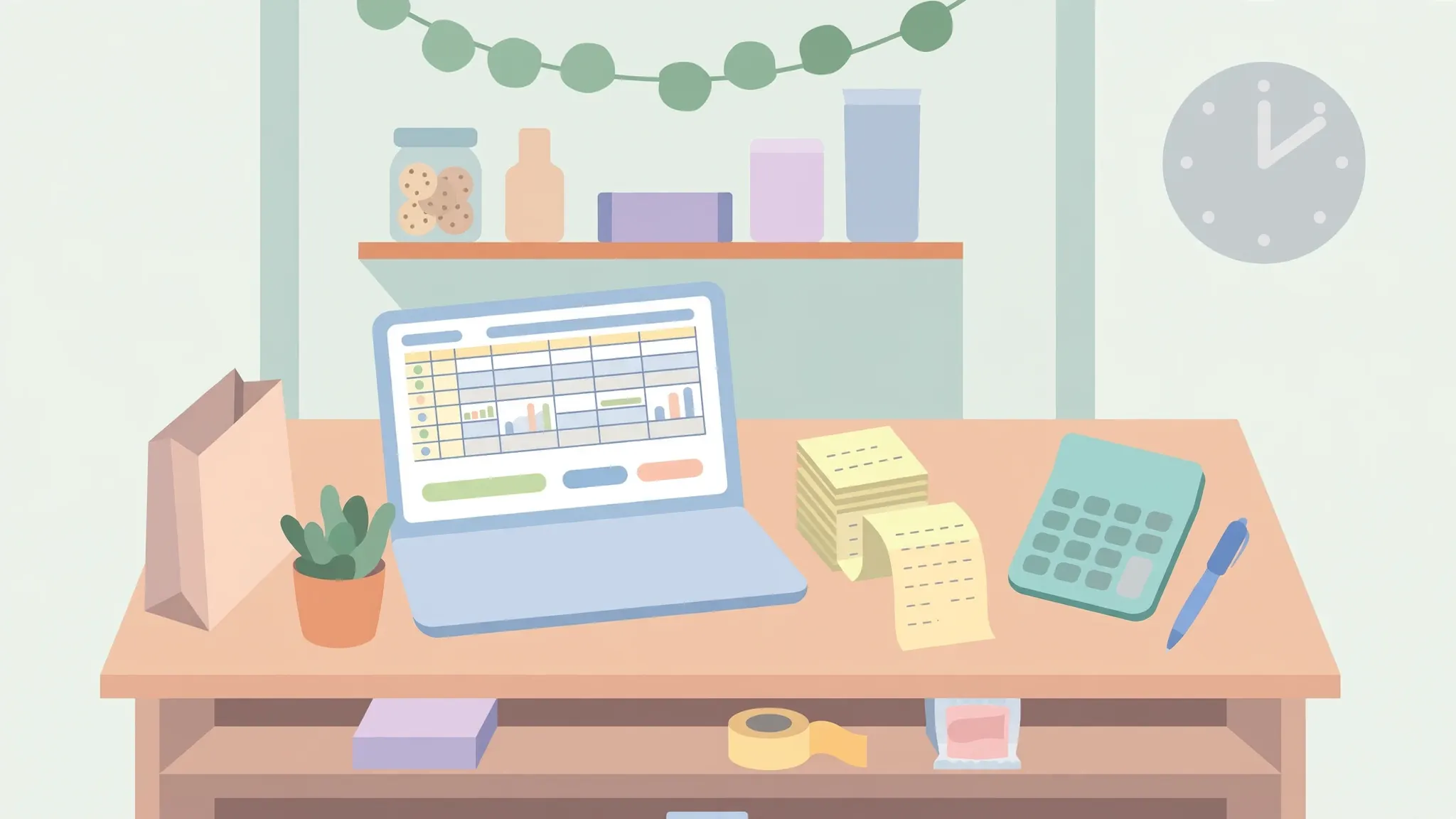 Small business shop counter with a laptop showing a sales tracker spreadsheet, receipts and a calculator beside it