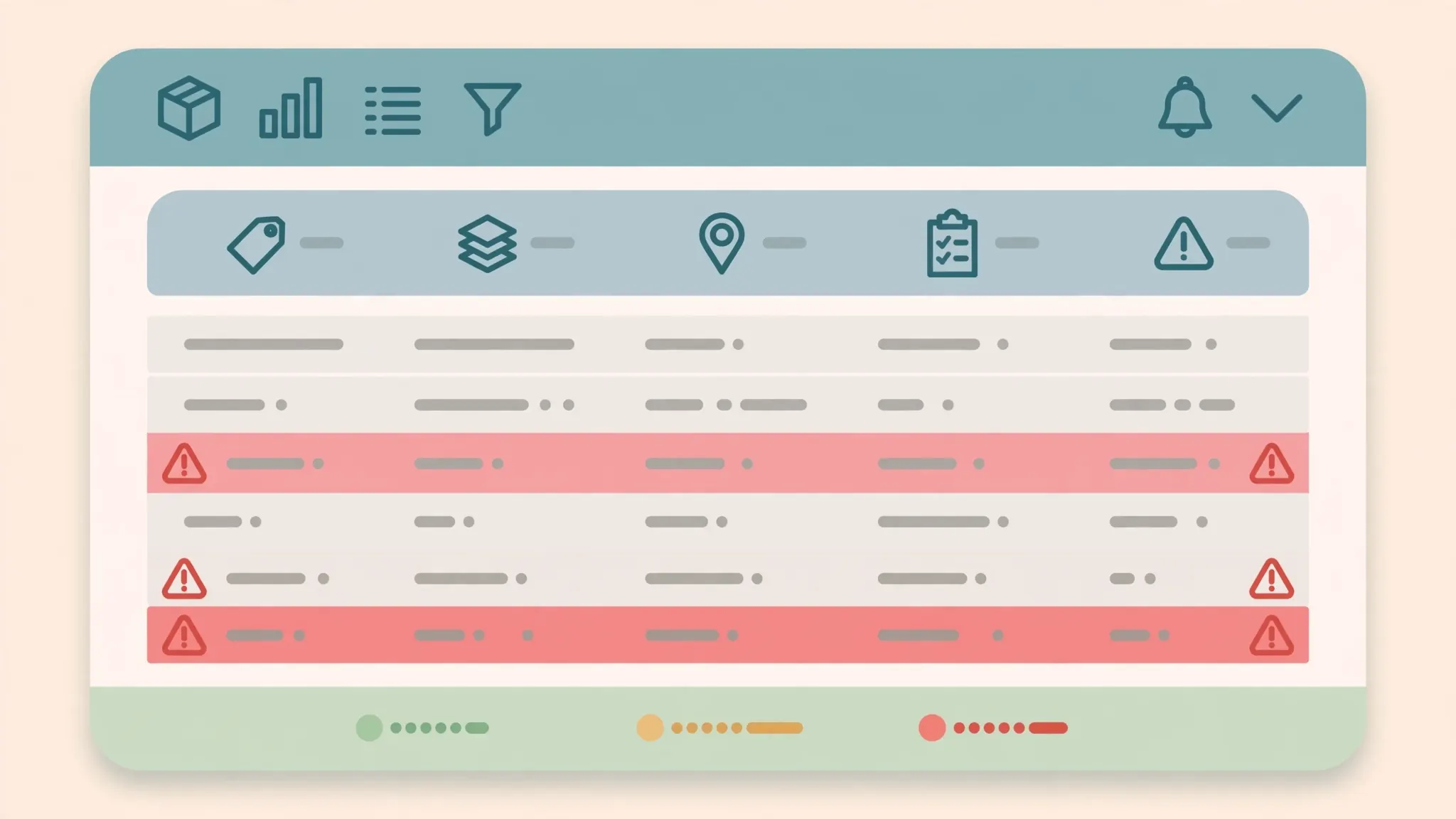 Inventory stock tracker spreadsheet with red highlighted low-stock rows and warning triangle icons